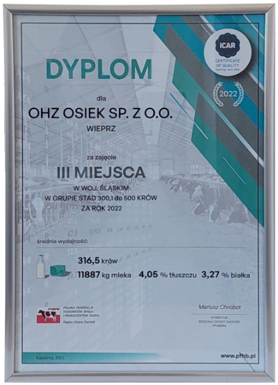 Małopolskie Mleczne Laury 2023 - Dyplom OHZ w Osieku